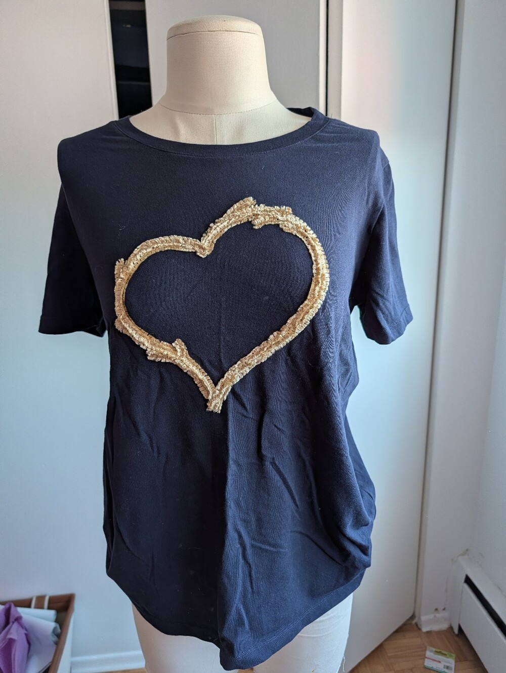 Renuar Navy Short Sleeve Tee with Gold Sequin Heart